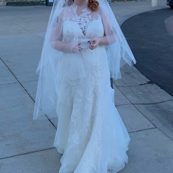 Vera Wang White Size 14 Illusion Neckline Fit and Flare Wedding Dress - Picture 3 of 8